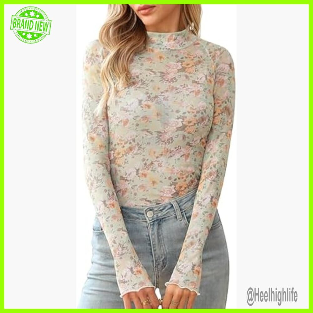 Floral Lace Mesh Long Sleeve Top, Slim Fit Sheer Mock Neck Shirt - Picture 1 of 6